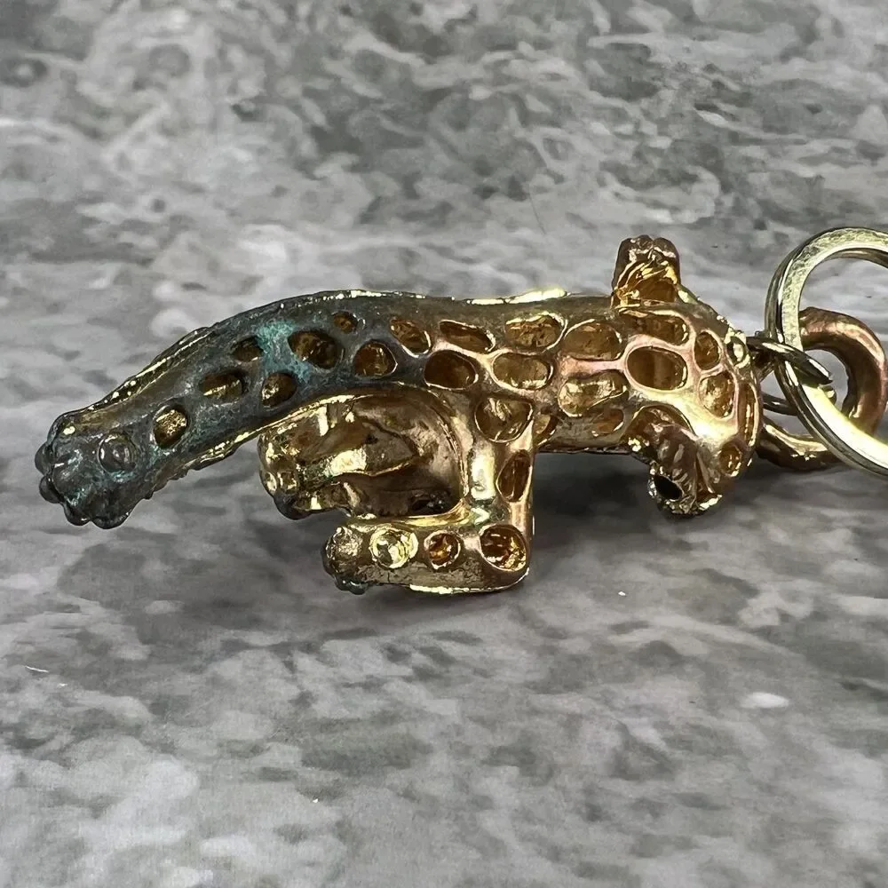 VTG Panther Leopard Keychain Clasp Gold Tone Crystal Rhinestones Enamel
